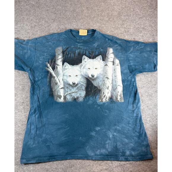 VINTAGE 90s The Mountain White Wolf Shirt Mens XL Blue Tie Dye Graphic Tee USA - Picture 1 of 5